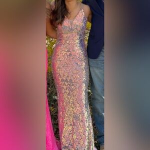 Pink and Gold Sequin Midi Pencil Dress